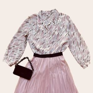 Vintage Pattern Button Relaxed Blouse Shirt Purple Pink Size Small